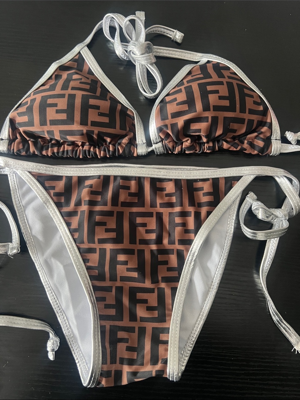 FF Brown Monogram Triangle Bikini with Silver Trim